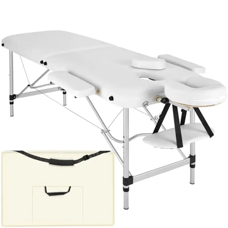 TecTake® Lettino Massaggio 2 Zone, Portatile, Regolabile, Imbottitura Comfort, Poggiatesta Multifunzione, con Borsa per Trasporto Inclusa, Capacità 230 kg - Bianco