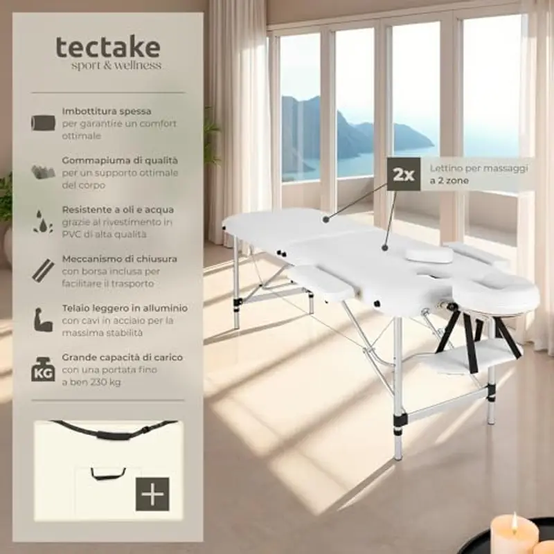 TecTake® Lettino Massaggio 2 Zone, Portatile, Regolabile, Imbottitura Comfort, Poggiatesta Multifunzione, con Borsa per Trasporto Inclusa, Capacità 230 kg - Bianco miniatura 2