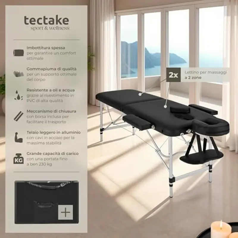 TecTake® Lettino Massaggio 2 Zone, Portatile, Regolabile, Imbottitura Comfort, Poggiatesta Multifunzione, con Borsa per Trasporto Inclusa, Capacità 230 kg - Nero miniatura 2