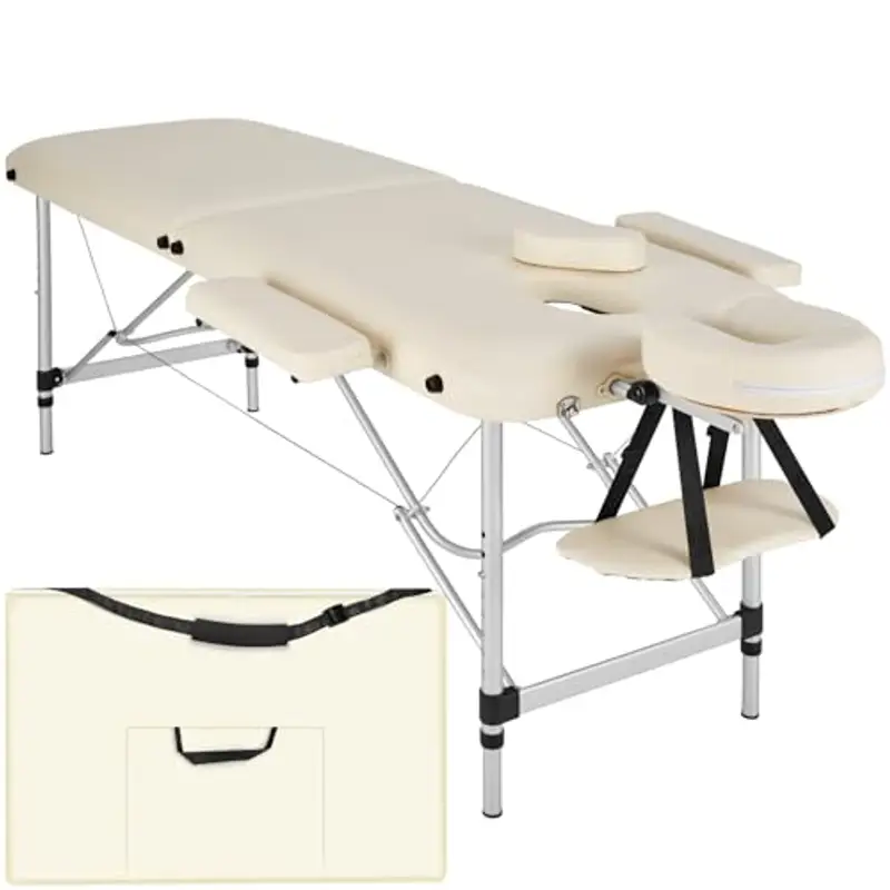 TecTake® Lettino Massaggio 2 Zone, Portatile, Regolabile, Imbottitura Comfort, Poggiatesta Multifunzione, con Borsa per Trasporto Inclusa, Capacità 230kg - Beige