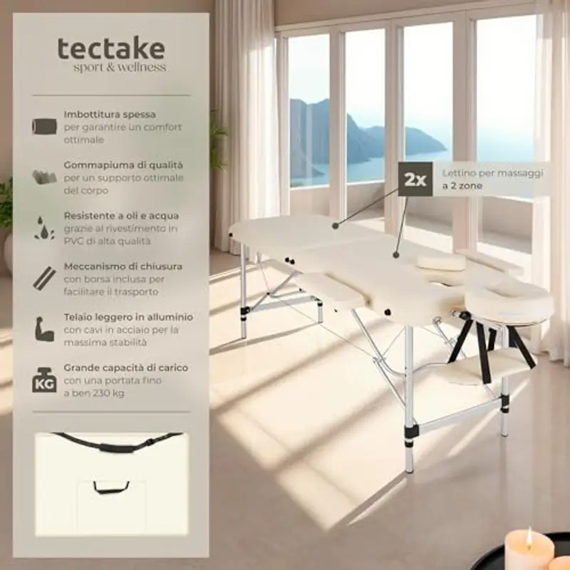 TecTake® Lettino Massaggio 2 Zone, Portatile, Regolabile, Imbottitura Comfort, Poggiatesta Multifunzione, con Borsa per Trasporto Inclusa, Capacità 230kg - Beige miniatura 2
