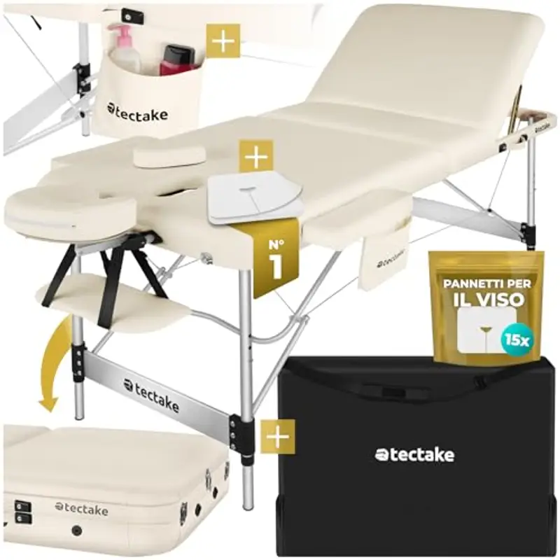 TecTake® Lettino Massaggio Portatile, Letto Pieghevole Massaggi a 3 Zone, Lettino Massaggio Professionale, Lettino da Massaggio con Borsa Trasporto Inclusa – Larghezza senza braccioli: 61 cm, Beige