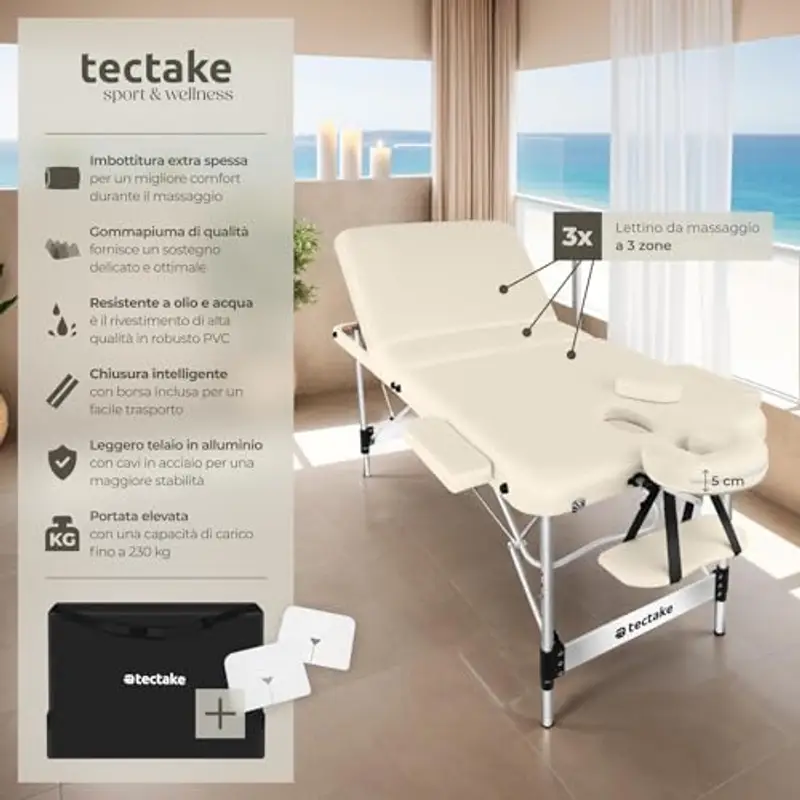 TecTake® Lettino Massaggio Portatile, Letto Pieghevole Massaggi a 3 Zone, Lettino Massaggio Professionale, Lettino da Massaggio con Borsa Trasporto Inclusa – Larghezza senza braccioli: 61 cm, Beige miniatura 2