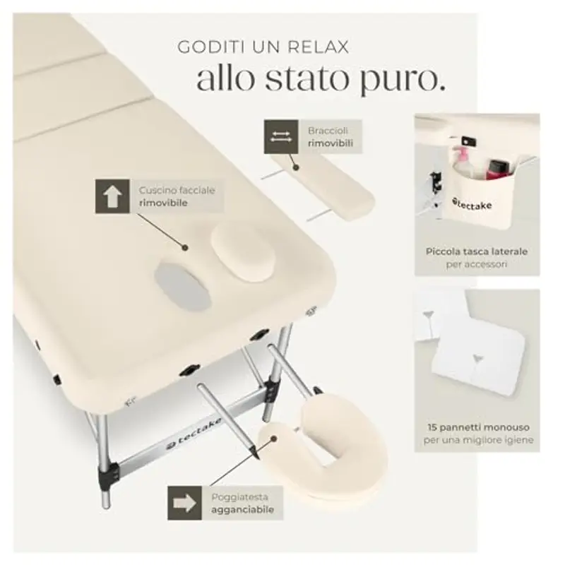 TecTake® Lettino Massaggio Portatile, Letto Pieghevole Massaggi a 3 Zone, Lettino Massaggio Professionale, Lettino da Massaggio con Borsa Trasporto Inclusa – Larghezza senza braccioli: 61 cm, Beige miniatura 3