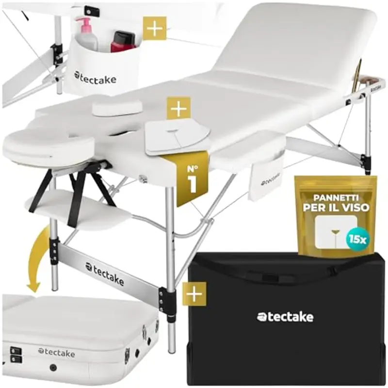 TecTake® Lettino Massaggio Portatile, Letto Pieghevole Massaggi a 3 Zone, Lettino Massaggio Professionale, Lettino da Massaggio con Borsa Trasporto Inclusa – Larghezza senza braccioli: 61 cm, Bianco