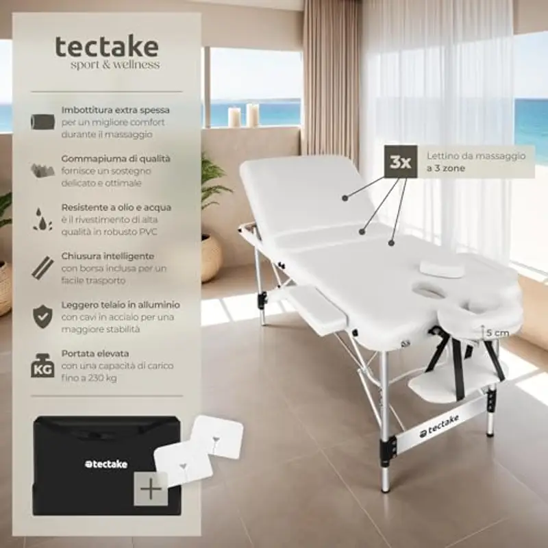 TecTake® Lettino Massaggio Portatile, Letto Pieghevole Massaggi a 3 Zone, Lettino Massaggio Professionale, Lettino da Massaggio con Borsa Trasporto Inclusa – Larghezza senza braccioli: 61 cm, Bianco miniatura 2