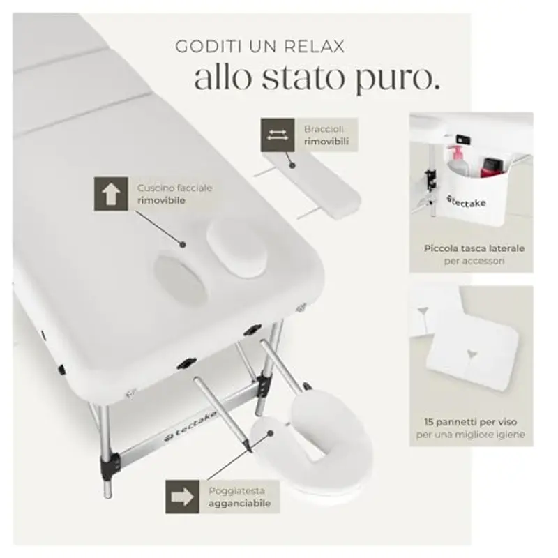 TecTake® Lettino Massaggio Portatile, Letto Pieghevole Massaggi a 3 Zone, Lettino Massaggio Professionale, Lettino da Massaggio con Borsa Trasporto Inclusa – Larghezza senza braccioli: 61 cm, Bianco miniatura 3