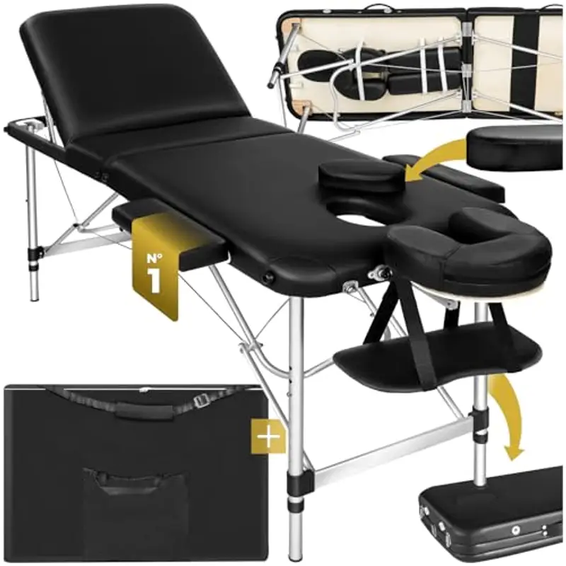 TecTake® Lettino Massaggio Portatile, Letto Pieghevole Massaggi a 3 Zone, Lettino Massaggio Professionale, Lettino da Massaggio con Borsa Trasporto Inclusa – Larghezza senza braccioli: 61 cm, Nero
