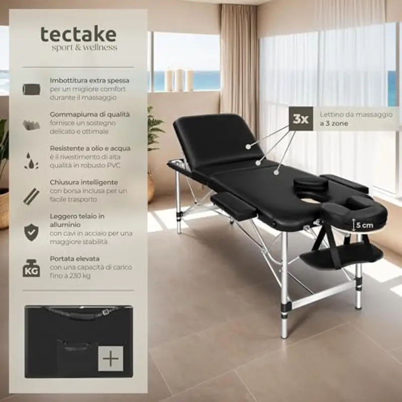TecTake® Lettino Massaggio Portatile, Letto Pieghevole Massaggi a 3 Zone, Lettino Massaggio Professionale, Lettino da Massaggio con Borsa Trasporto Inclusa – Larghezza senza braccioli: 61 cm, Nero miniatura 2