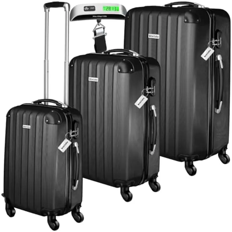 TecTake® Set 3 Valigie, Rotelle Girevoli, Trolley Rigidi in ABS, Maniglie Telescopiche, Lucchetti a Combinazione, Set Viaggio con Bilancia ed Etichette per Bagagli - Nero