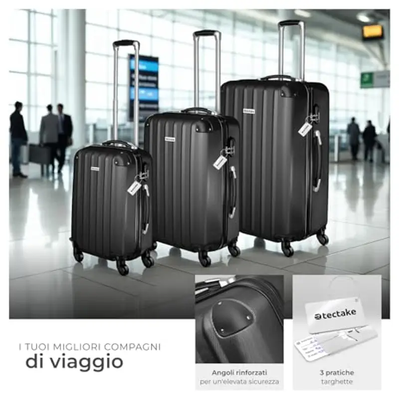 TecTake® Set 3 Valigie, Rotelle Girevoli, Trolley Rigidi in ABS, Maniglie Telescopiche, Lucchetti a Combinazione, Set Viaggio con Bilancia ed Etichette per Bagagli - Nero miniatura 2