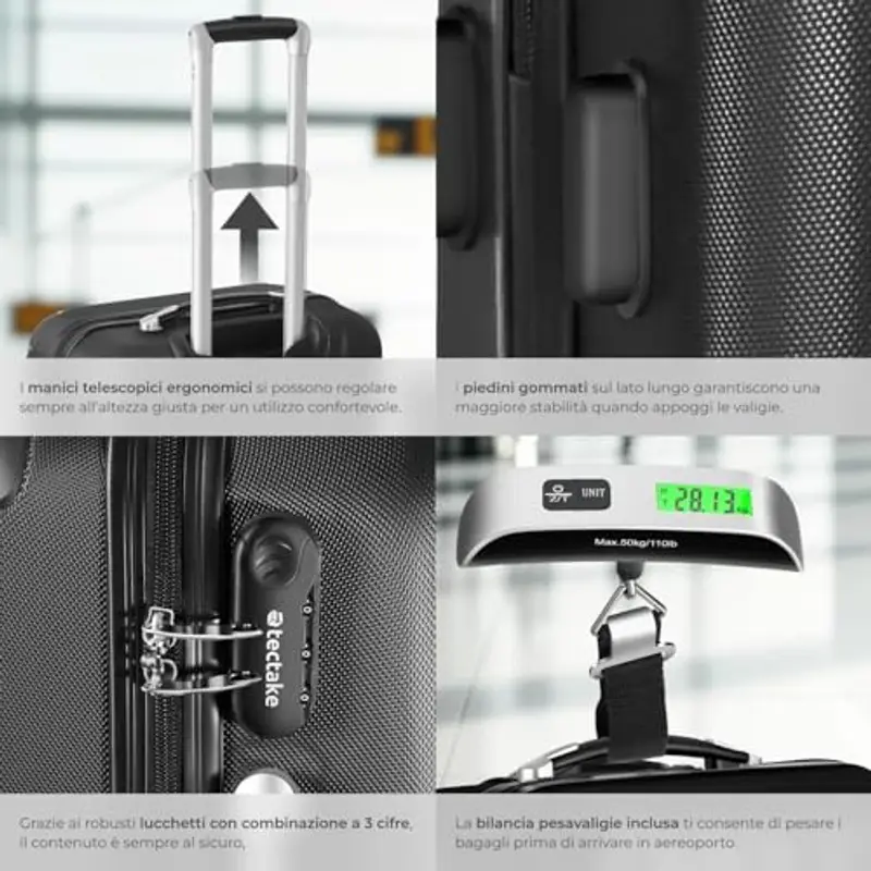 TecTake® Set 3 Valigie, Rotelle Girevoli, Trolley Rigidi in ABS, Maniglie Telescopiche, Lucchetti a Combinazione, Set Viaggio con Bilancia ed Etichette per Bagagli - Nero miniatura 3