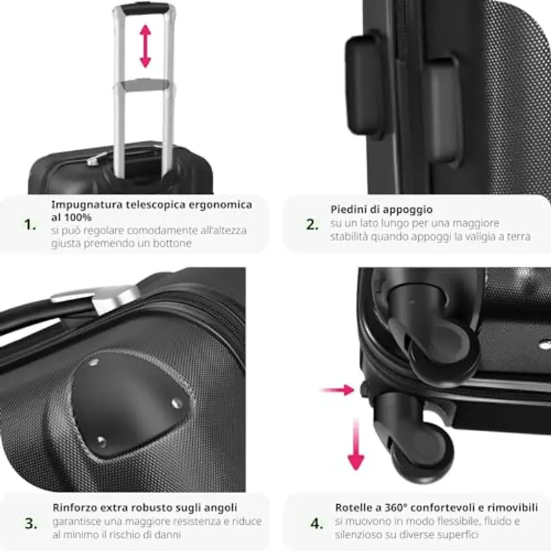 TecTake® Set Valigie Trolley Rigide, 3 Pezzi, Grande, Medio, Bagaglio a Mano, Ruote Girevoli a 360°, Struttura ABS miniatura 3