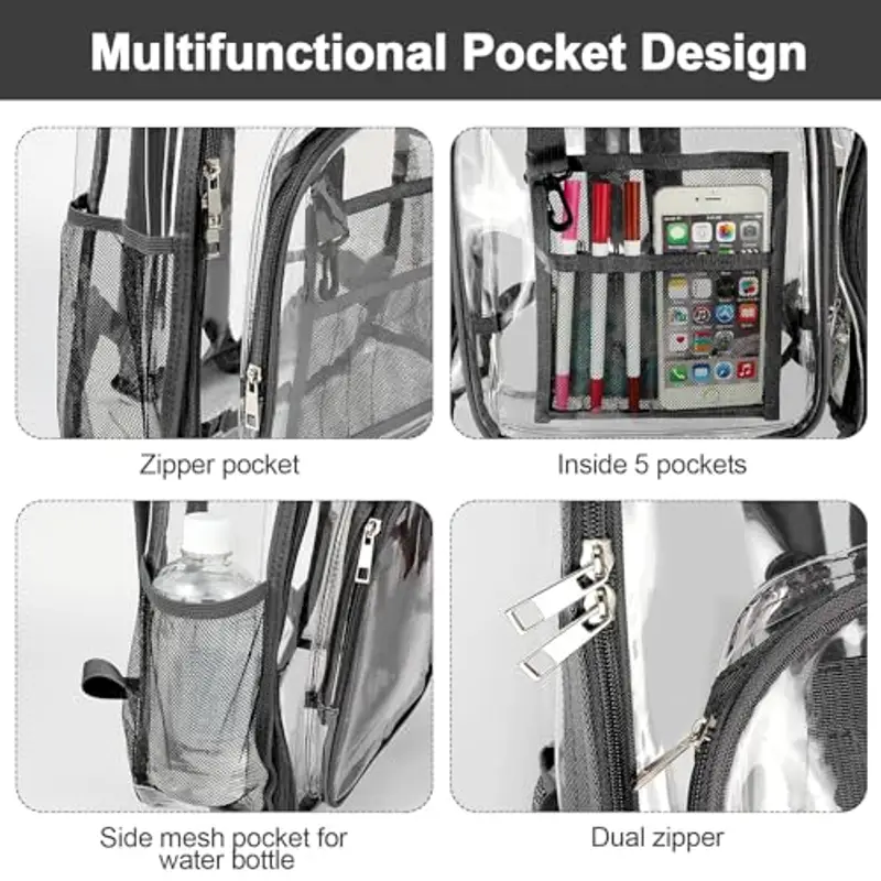 Teklemon Zaino Trasparente, Grande PVC Plastica Zaino Scolastico Borsa Zainetto Trasparente Impermeabile Unisex Casual Bag Zainetto per Lavoro Palestra Concerti Escursionismo Festival Viaggio (Nero) miniatura 3