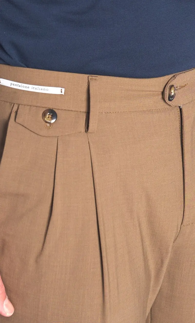 Pantalone teleria zed in fresco lana parker con doppia pinces, colore tabacco miniatura 2