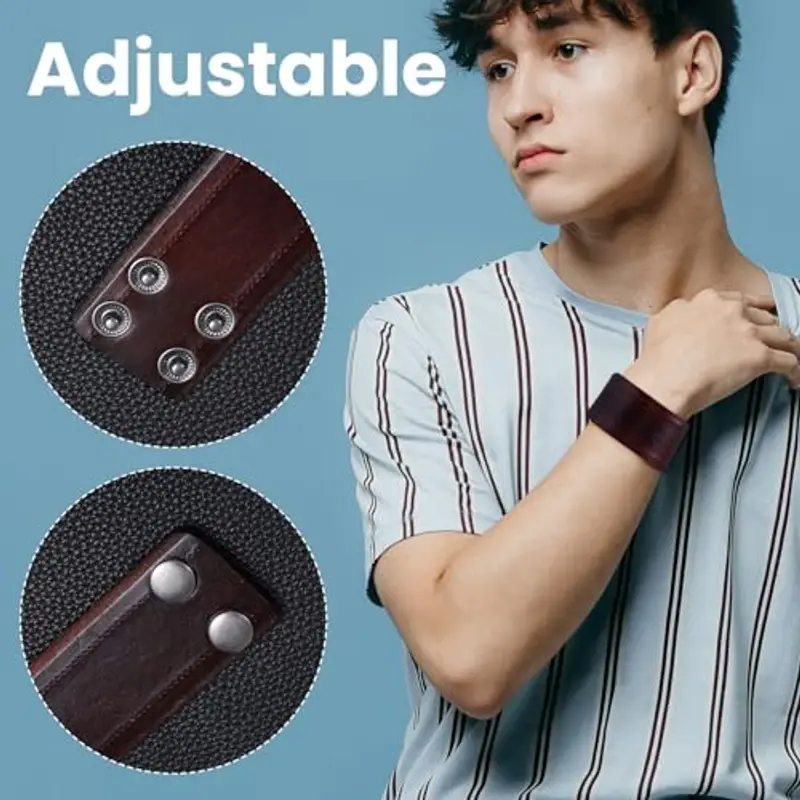 Telooco Bracciale in Pelle Marrone Bracciale Punk Gotico da Uomo Vintage Braccialetto Punk a Scatto in Metallo da Uomo con Polsino con Chiusura di Sicurezza Ottimo Regalo per Ragazzi Papà miniatura 2