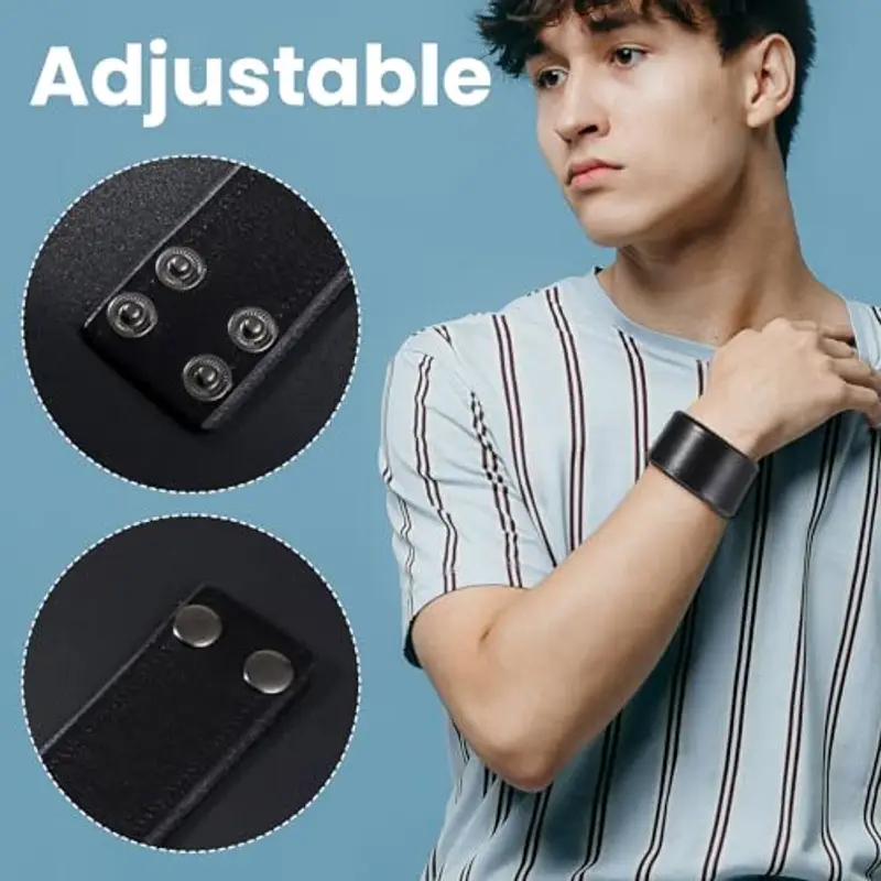 Telooco Bracciale in Pelle Nera Bracciale Punk Gotico da Uomo Vintage Bracciale Punk a Scatto in Metallo da Uomo con Polsino con Chiusura di Sicurezza Ottimo Regalo per Ragazzi Papà miniatura 3