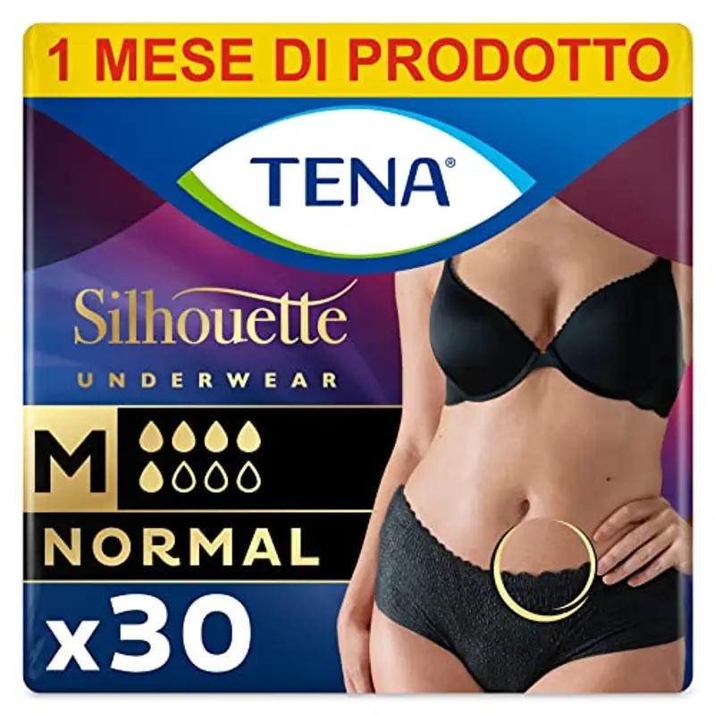 TENA Silhouette, Noir, Vita Bassa, Taglia M, 30 Mutandine, per Perdite Urinarie, Elasticizzate, Monouso, per Donna