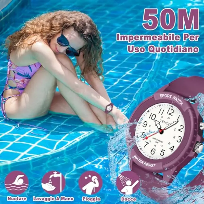 TENOCK Orologio Da Polso Sportivo Da Donna Analogico Al Quarzo 50 M Impermeabile Con Luce Notturna Per Abbinamenti Casual O Attività Sportive (Rosso Rosa) miniatura 2