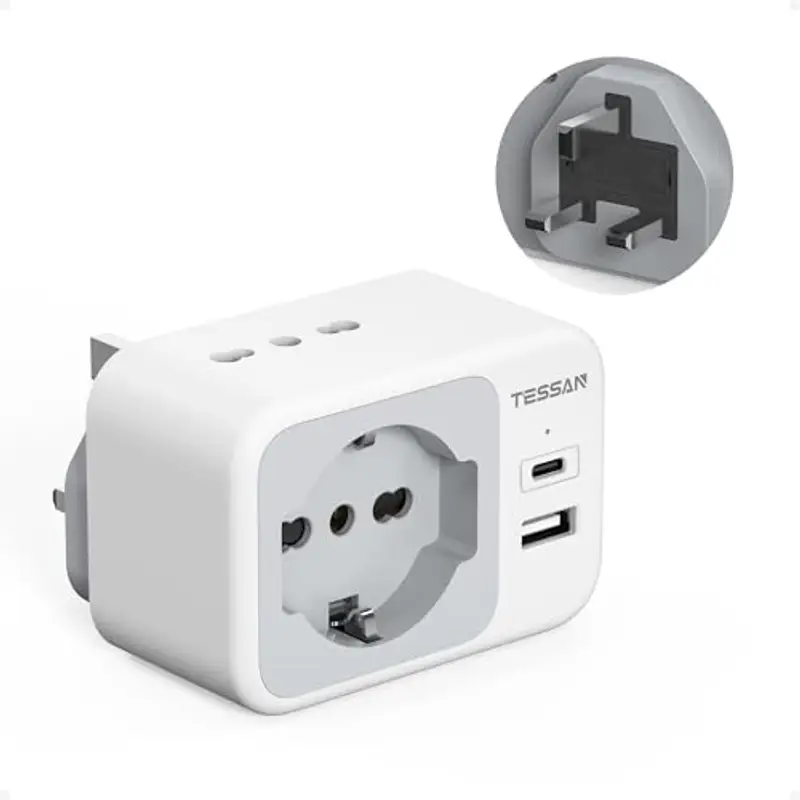TESSAN Adattatore Presa Inglese con USB C e USB A, 5 in 1 Adattatori Prese Inglesi, Adattatore UK 3250 W, Spina Inglese per Regno Unito, Irlanda, Scozia, Singapore, Tipo G