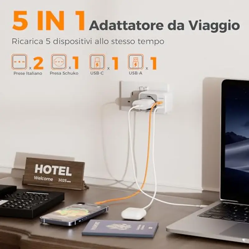 TESSAN Adattatore Presa Inglese con USB C e USB A, 5 in 1 Adattatori Prese Inglesi, Adattatore UK 3250 W, Spina Inglese per Regno Unito, Irlanda, Scozia, Singapore, Tipo G miniatura 2
