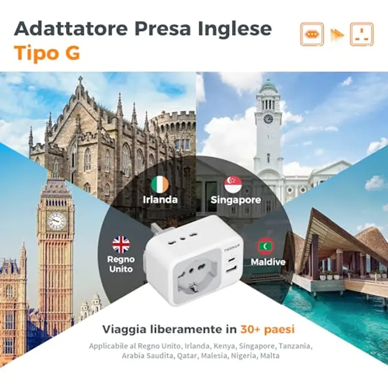 TESSAN Adattatore Presa Inglese con USB C e USB A, 5 in 1 Adattatori Prese Inglesi, Adattatore UK 3250 W, Spina Inglese per Regno Unito, Irlanda, Scozia, Singapore, Tipo G miniatura 3