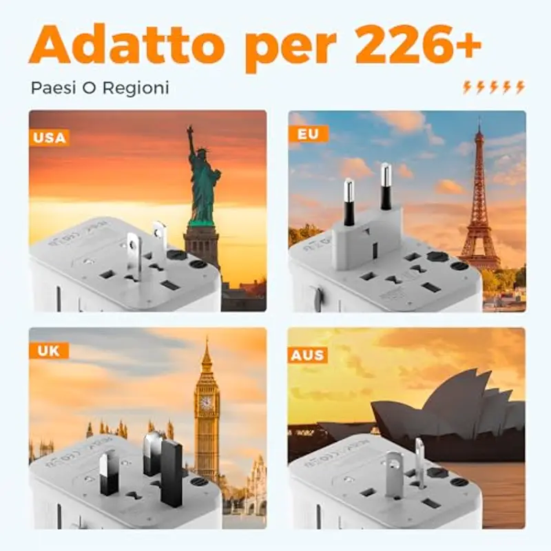 TESSAN Adattatore Universale da Viaggio, Presa Universale da Viaggio con 3 USB A e 1 USB C, Adattatore Spina Internazionale per Americana USA Giapponese UK Inglese Australia Messico Tailandia miniatura 3