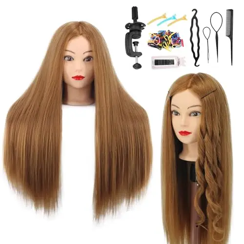 Testa di manichino con capelli veri, 80% capelli veri, 66 cm, per cosmetologia, acconciature, parrucchieri, pratica e