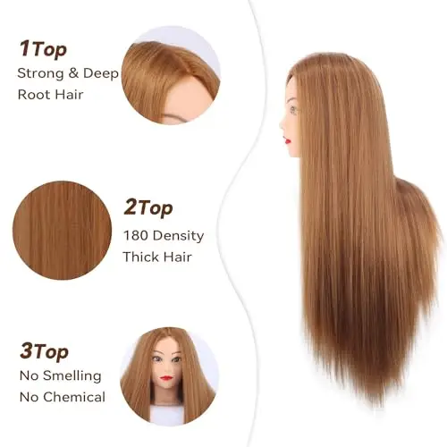 Testa di manichino con capelli veri, 80% capelli veri, 66 cm, per cosmetologia, acconciature, parrucchieri, pratica e miniatura 2