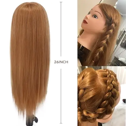 Testa di manichino con capelli veri, 80% capelli veri, 66 cm, per cosmetologia, acconciature, parrucchieri, pratica e miniatura 3
