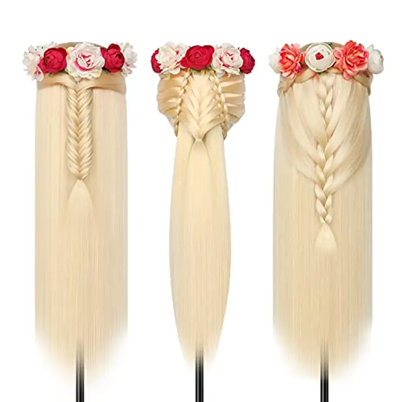 Testa Per Parrucchiere, 28 inch 100% Sintetica Testina Parrucchiere Capelli Testina Per Parruchieri Testina Parrucchiere Capelli con Staffa + DIY Accessori Per Capelli (Bionda) miniatura 3