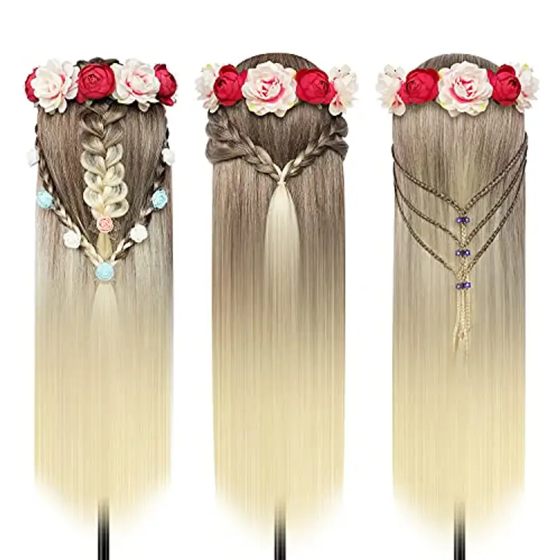 Testa Per Parrucchiere, 28 inch 100% Sintetica Testina Parrucchiere Capelli Testina Per Parruchieri Testina Parrucchiere Capelli con Staffa + DIY Accessori Per Capelli (Dorato) miniatura 3