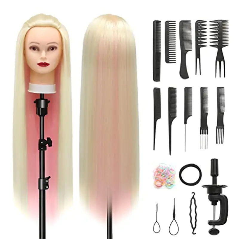 Testa Per Parrucchiere, 28 inch 100% Sintetica Testina Parrucchiere Capelli Testina Per Parruchieri Testina Parrucchiere Capelli con Staffa + DIY Accessori Per Capelli (Polvere Bionda)