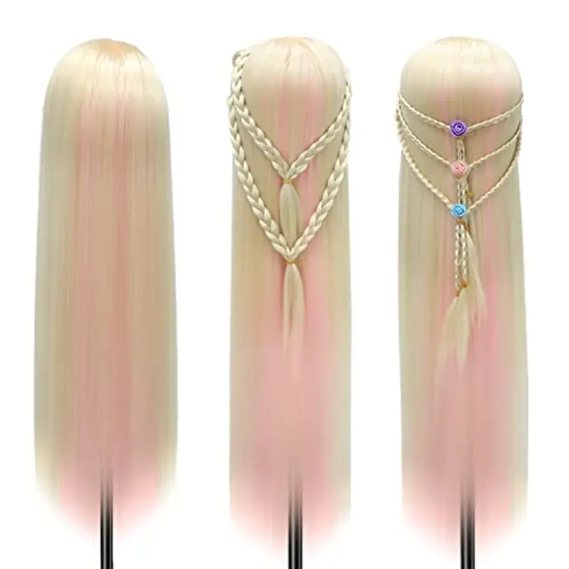Testa Per Parrucchiere, 28 inch 100% Sintetica Testina Parrucchiere Capelli Testina Per Parruchieri Testina Parrucchiere Capelli con Staffa + DIY Accessori Per Capelli (Polvere Bionda) miniatura 2