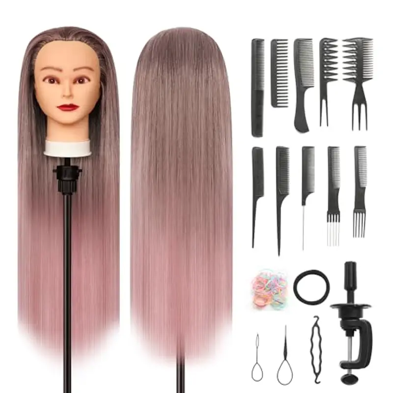 Testa Per Parrucchiere, 28 inch 100% Sintetica Testina Parrucchiere Capelli Testina Per Parruchieri Testina Parrucchiere Capelli con Staffa+ DIY Accessori Per Capelli?Rosa sfumato?