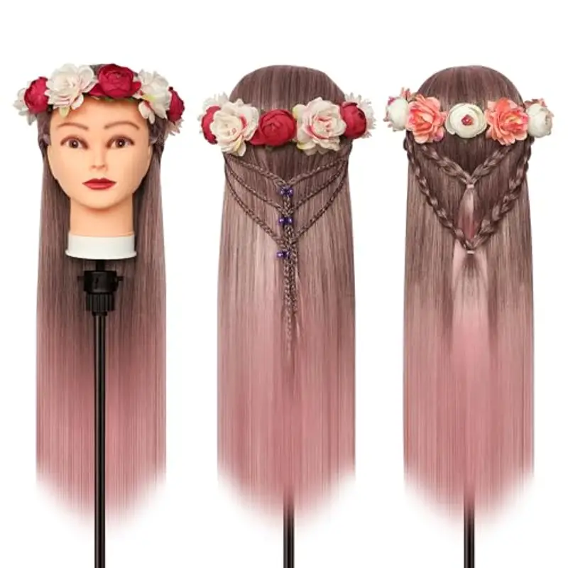 Testa Per Parrucchiere, 28 inch 100% Sintetica Testina Parrucchiere Capelli Testina Per Parruchieri Testina Parrucchiere Capelli con Staffa+ DIY Accessori Per Capelli?Rosa sfumato miniatura 2