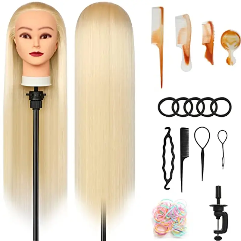 Testa Per Parrucchiere,28 inch Testina Parrucchiere Capelli,100% fibre Sintetiche Parrucchiere Testa con Morsetto Libero e DIY Accessori Per Capelli (Bionda)