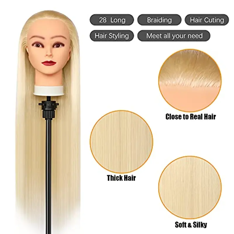 Testa Per Parrucchiere, 28 inch Testina Parrucchiere Capelli, 100% fibre Sintetiche Parrucchiere Testa con Morsetto Libero e DIY Accessori Per Capelli (Bionda) miniatura 2