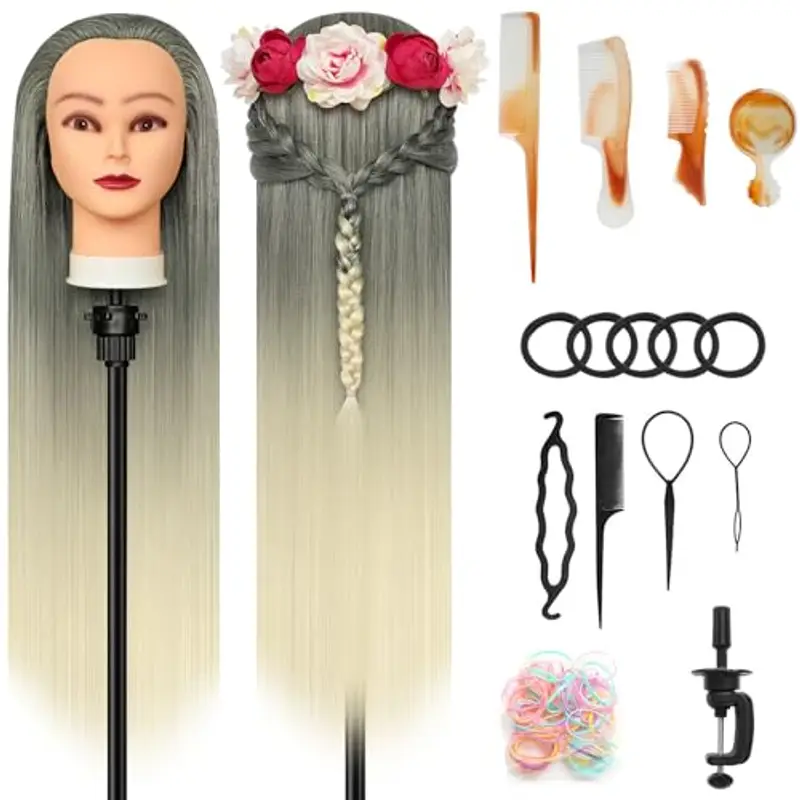 Testa Per Parrucchiere, 28" Testina Parrucchiere Capelli 100% fibre Sintetiche Parrucchiere Testa Testina Parrucchiere Capelli con Morsetto Libero e DIY Accessori Per Capelli (Grigio e oro)