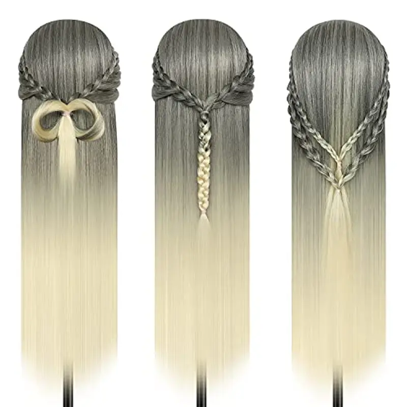 Testa Per Parrucchiere, 28" Testina Parrucchiere Capelli 100% fibre Sintetiche Parrucchiere Testa Testina Parrucchiere Capelli con Morsetto Libero e DIY Accessori Per Capelli (Grigio e oro) miniatura 2