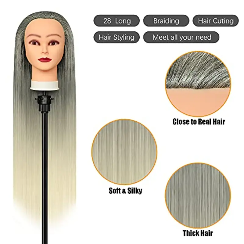 Testa Per Parrucchiere, 28" Testina Parrucchiere Capelli 100% fibre Sintetiche Parrucchiere Testa Testina Parrucchiere Capelli con Morsetto Libero e DIY Accessori Per Capelli (Grigio e oro) miniatura 3
