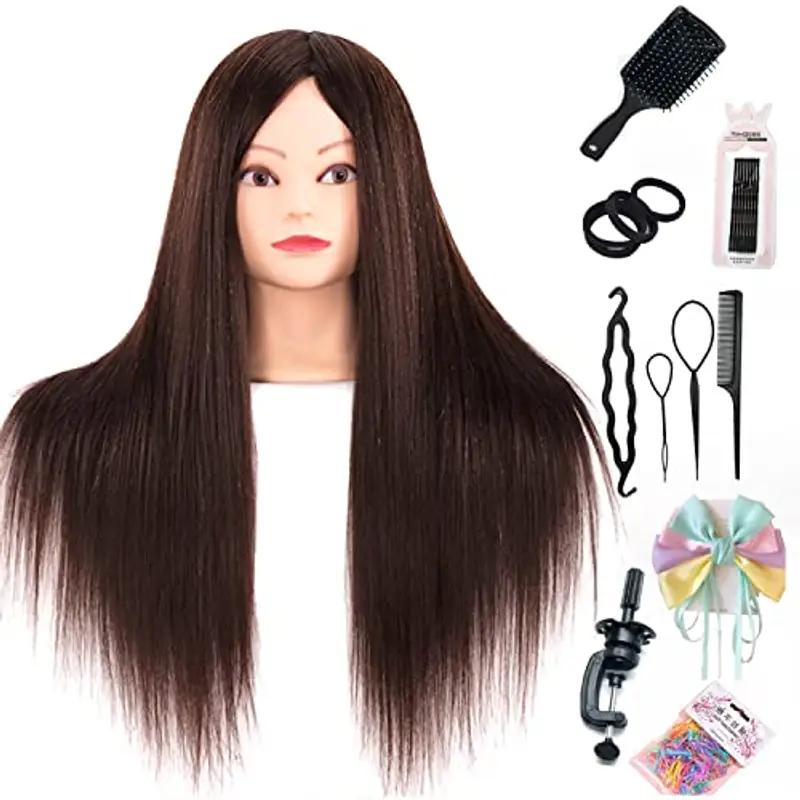 Testa per parrucchieri,26" Testina Parrucchiere Capelli Testa per Acconciature Testa Parrucchiera con Staffa+ DIY Accessori per Capell (60% True Hair Brown)