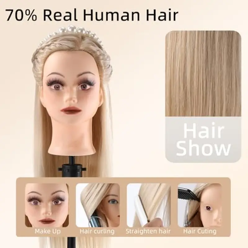 Testa per parrucchieri 70% Capelli Veri Testina Parrucchiere 24" Capelli Testa per Acconciature Testa Studio Manichino miniatura 2