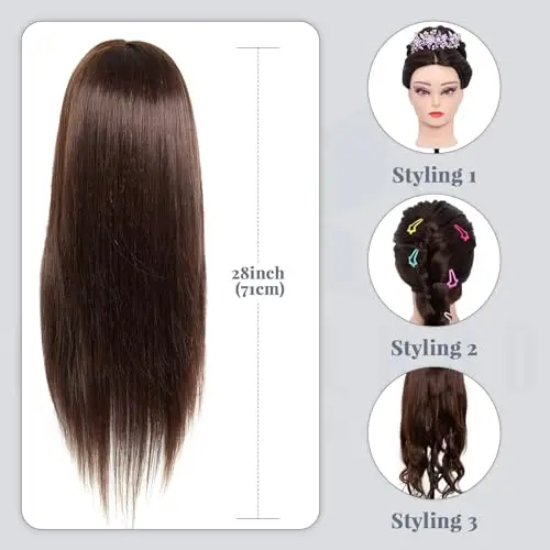 Testa per Parrucchieri con Capelli umani veri al 60%, 28 Pollici, Cosmetologia Testa Bambola da Truccare e miniatura 3