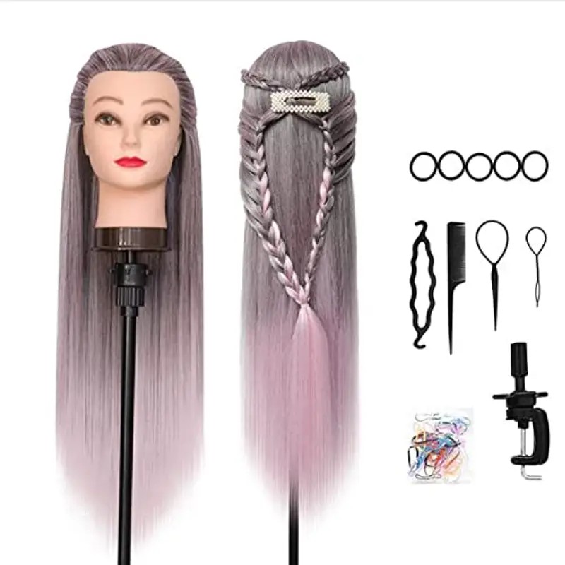 Testa per parrucchieri, DanseeMeibr Plus 26" 100% Capelli Sintetica Testina Parrucchiere Capelli Morbido Ombre Professionale Testa per Acconciature con Staffa+ DIY Accessori per Capelli