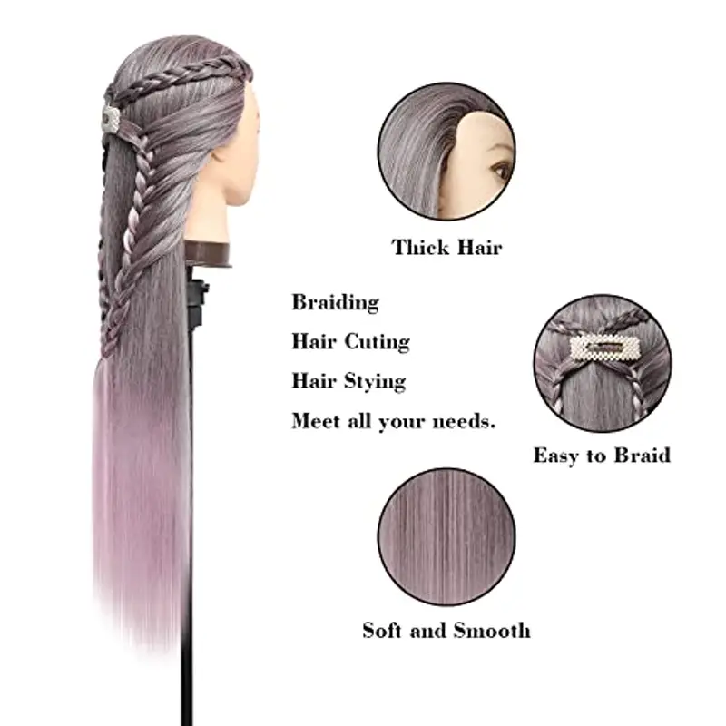 Testa per parrucchieri, DanseeMeibr Plus 26" 100% Capelli Sintetica Testina Parrucchiere Capelli Morbido Ombre Professionale Testa per Acconciature con Staffa+ DIY Accessori per Capelli miniatura 2