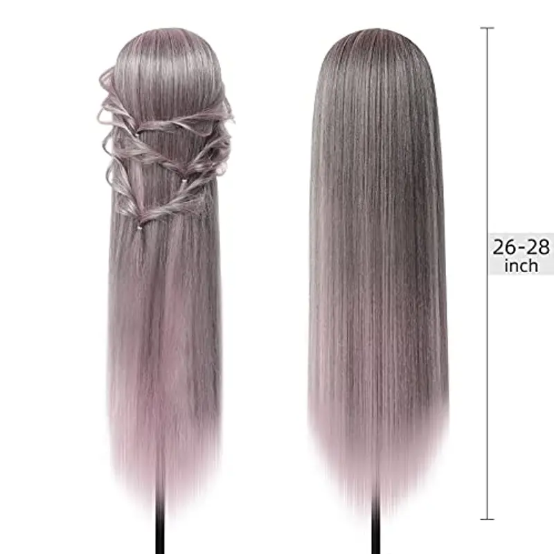 Testa per parrucchieri, DanseeMeibr Plus 26" 100% Capelli Sintetica Testina Parrucchiere Capelli Morbido Ombre Professionale Testa per Acconciature con Staffa+ DIY Accessori per Capelli miniatura 3