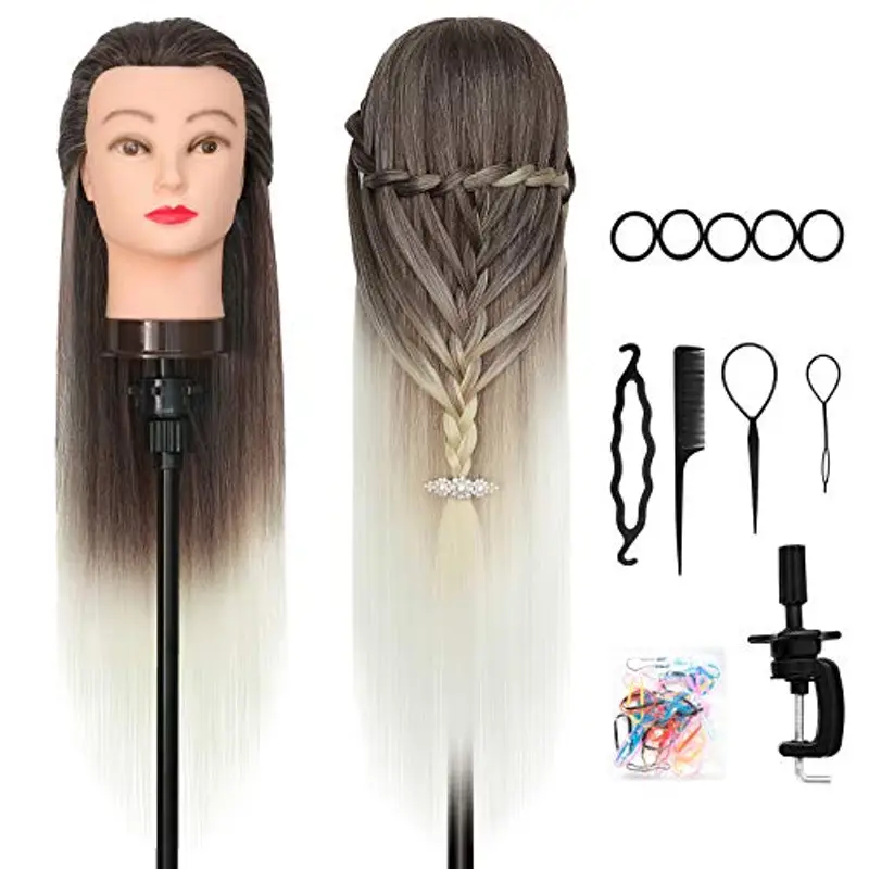 Testa per parrucchieri, DanseeMeibr Plus 26" Morbido Testina Parrucchiere Capelli 100% Capelli Sintetica Testa Parrucchiera con Staffa+ DIY Accessori per Capelli