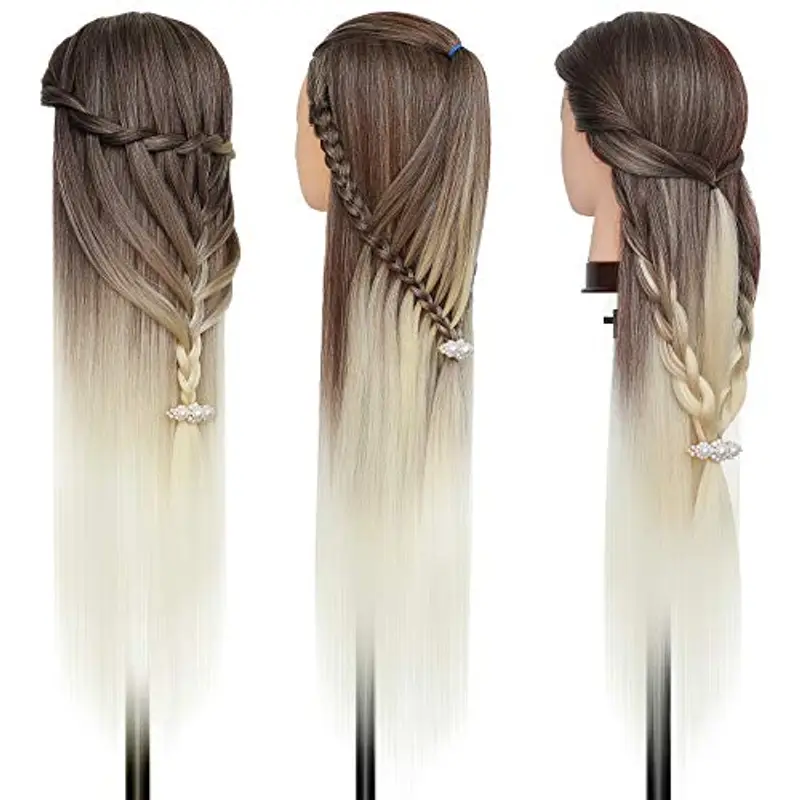 Testa per parrucchieri, DanseeMeibr Plus 26" Morbido Testina Parrucchiere Capelli 100% Capelli Sintetica Testa Parrucchiera con Staffa+ DIY Accessori per Capelli miniatura 2