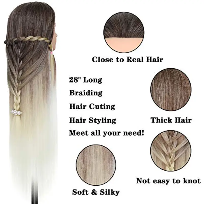 Testa per parrucchieri, DanseeMeibr Plus 26" Morbido Testina Parrucchiere Capelli 100% Capelli Sintetica Testa Parrucchiera con Staffa+ DIY Accessori per Capelli miniatura 3